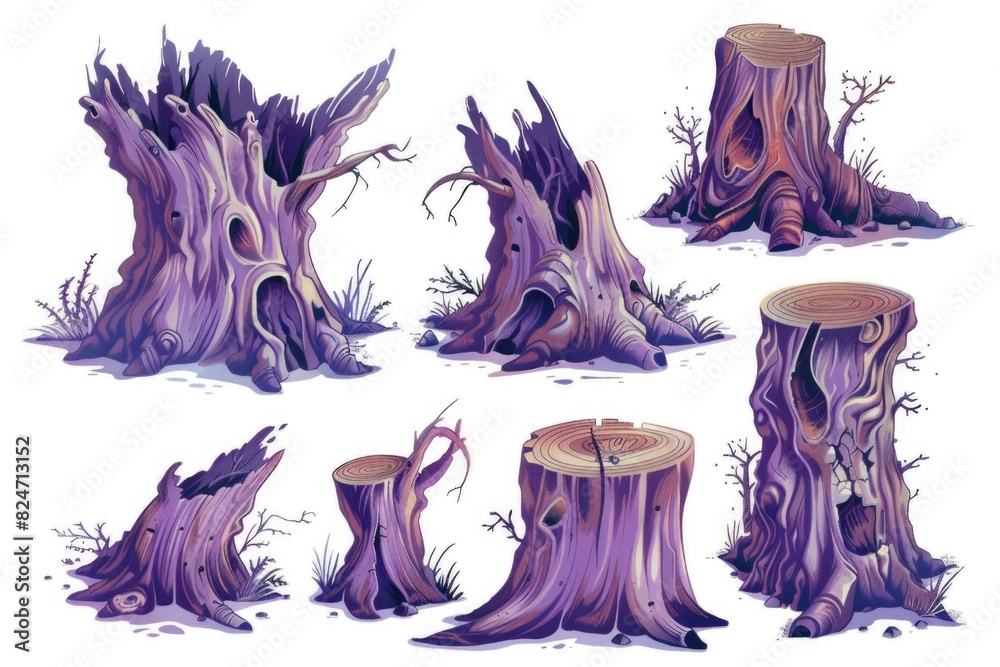 Poster illustration of a set of cartoon trees that have been cut down. suitable for environmental and defor