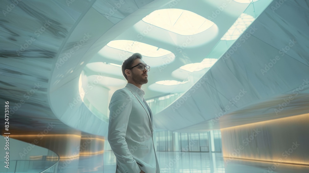 Poster a sophisticated software analyst in a leader posture, natural light, modern architecture. generative