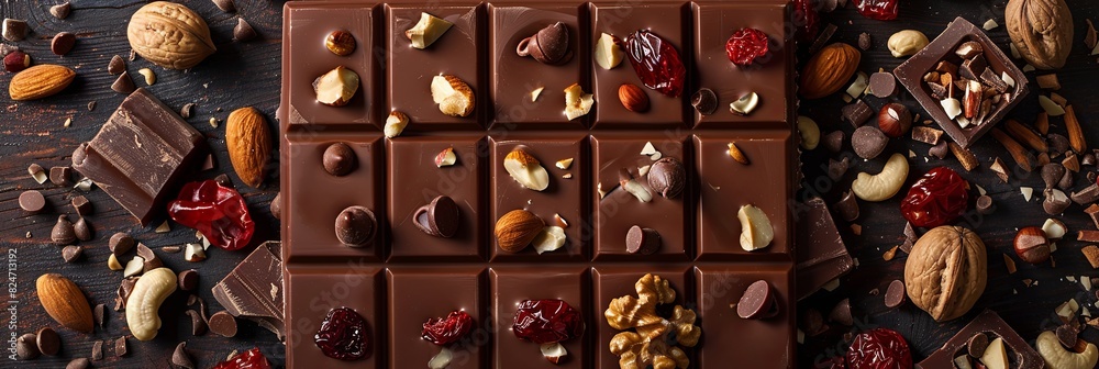 Poster A bar of chocolate topped with nuts and cranberries, creating a delicious and textured treat. Generative AI