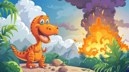 An illustration showing a cartoon dinosaur maiasauria in a volcano erupting - for children