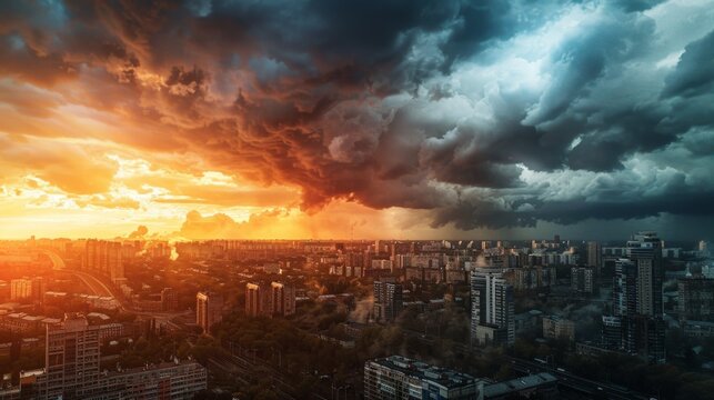 Abnormal heat. and Climate. Hot weather front. City view with grey clouds and sunset glow. Climate change concept
