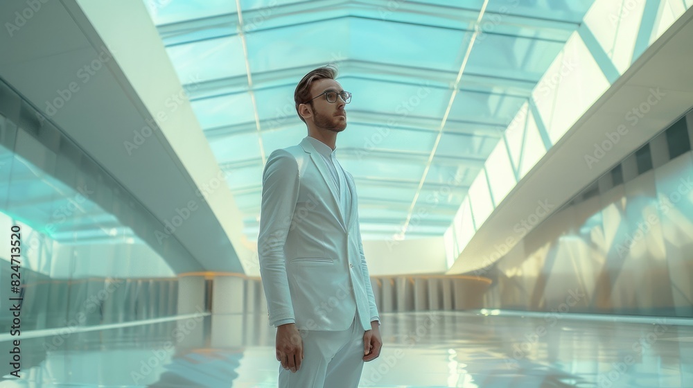 Poster a sophisticated software analyst in a leader posture, natural light, modern architecture. generative