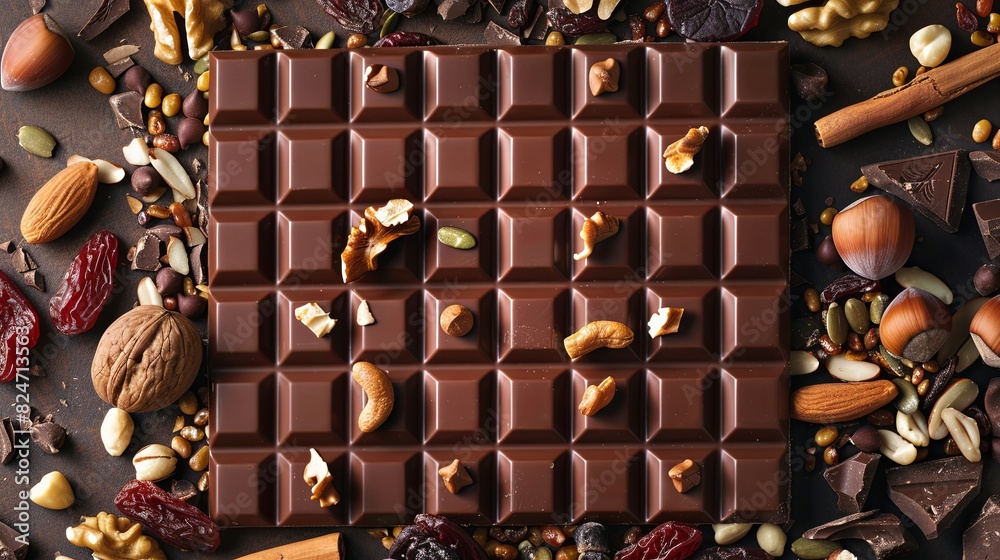 Aufkleber A detailed chocolate bar surrounded by a variety of nuts and dried fruits, creating a natural and appetizing display. Generative AI