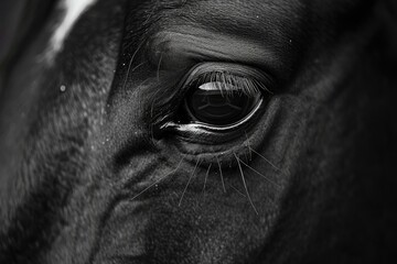Close-up black and white photo of a horse's eye. Suitable for animal and nature themes