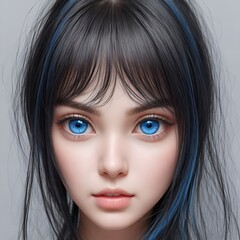 Blue eyes of a beautiful girl with black hair

