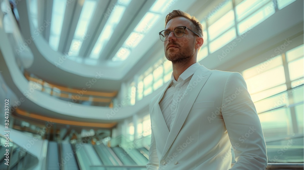 Poster a sophisticated software analyst in a leader posture, natural light, modern architecture. generative