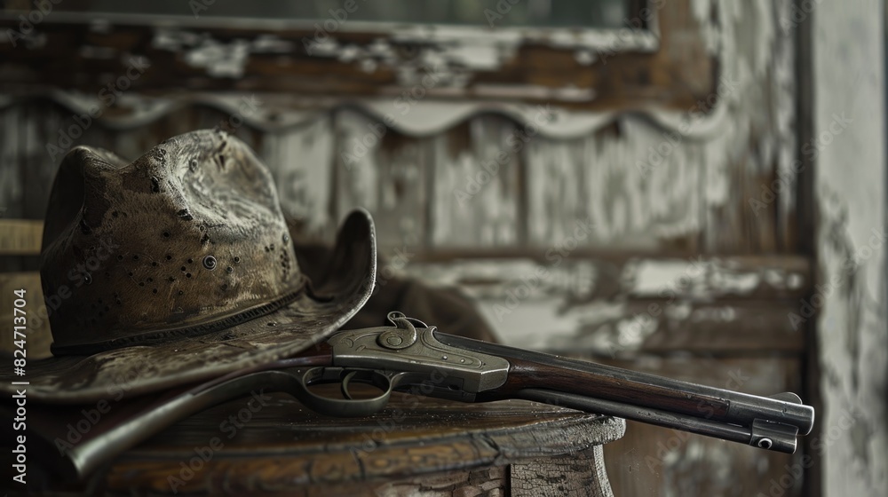 Poster a hat and two guns displayed on a table. suitable for crime or detective themed projects
