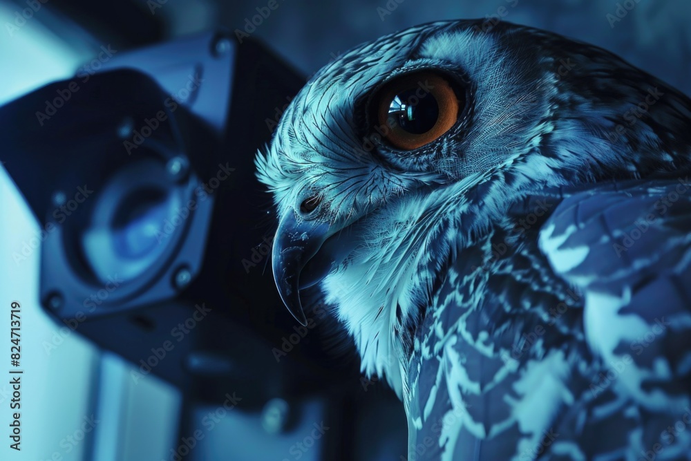 Poster Close up of an owl with a camera in the background. Suitable for technology or wildlife concepts
