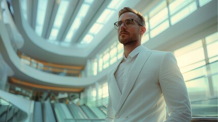A sophisticated software analyst in a leader posture, natural light, modern architecture. Generative AI.