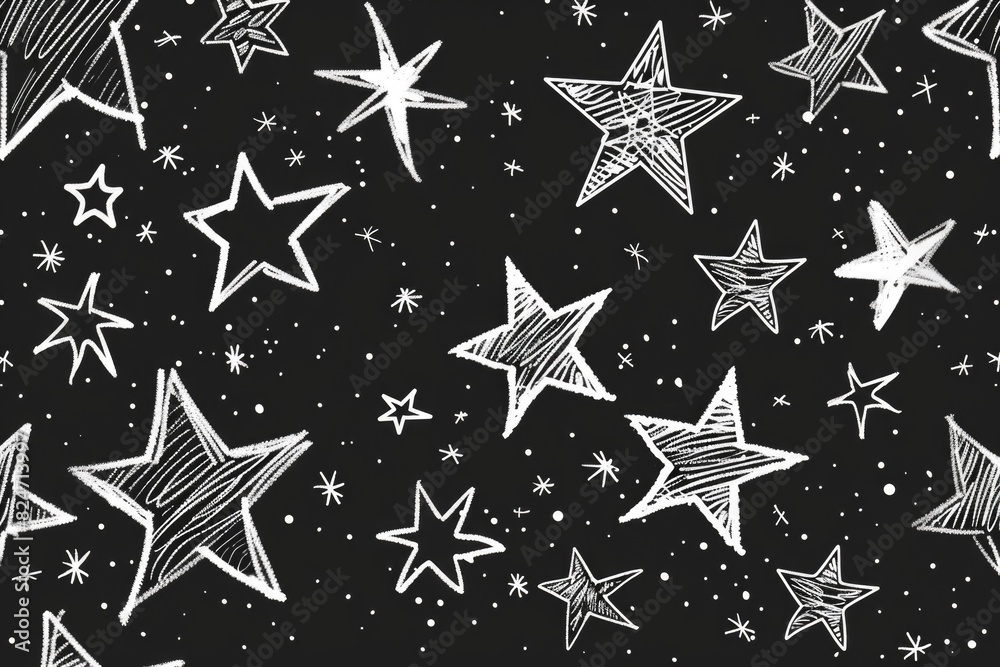 Poster a black and white drawing of stars on a black background. suitable for various design projects