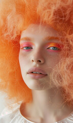 close up of a white woman with orange afro hair, pink eye shadow and blush on her face