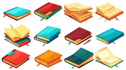 Set includes closed and opened textbooks, diaries, workbooks in different positions. World book and copyright day concept. Modern cartoon icons on white background.