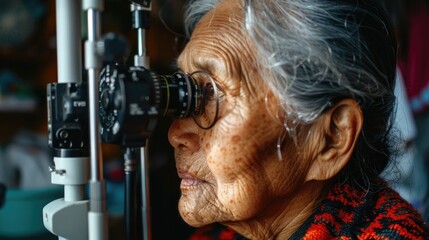 An old woman looking through a pair of glasses, suitable for various concepts