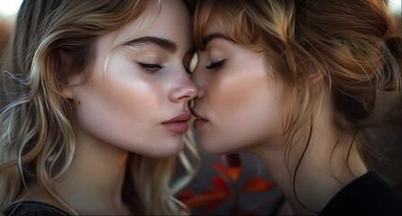 Obraz premium Two girls kissing. Generative AI.
