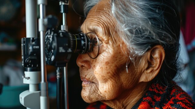 An old woman looking through a pair of glasses, suitable for various concepts