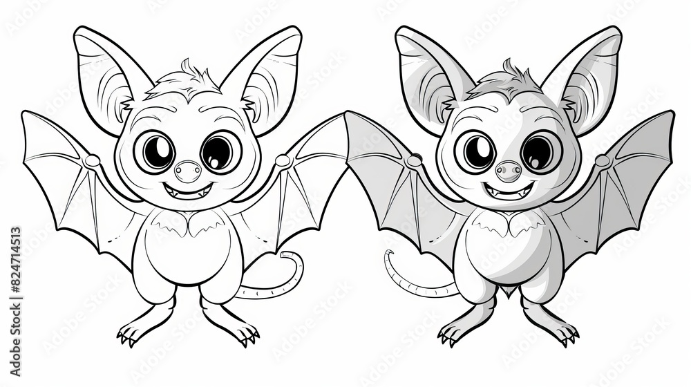 Wall mural A black and white outline of a cute Halloween bat cartoon character might make a great coloring book image - Wall murals