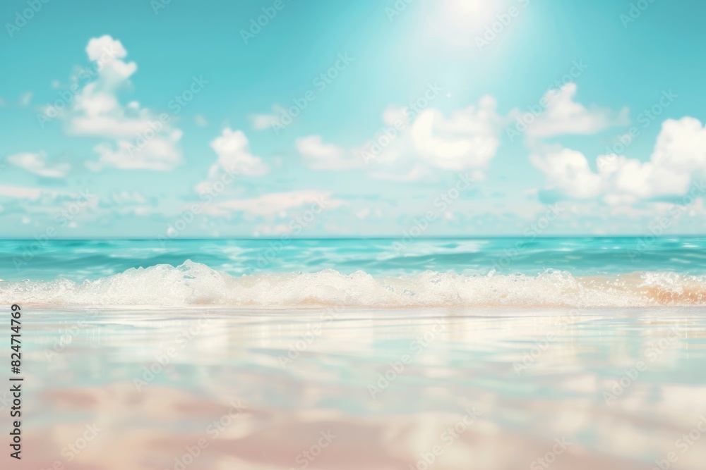 Wall mural blurred background of a beautiful beach with a blue sky and white clouds.