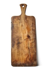 A wooden cutting board placed on a white surface. Perfect for kitchen and cooking concepts