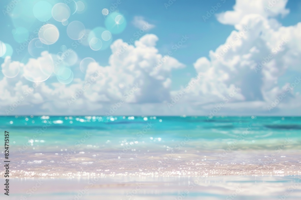 Wall mural blurred background of a beautiful beach with a blue sky and white clouds.