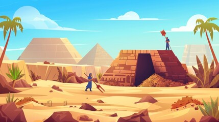 Illustration of excavation flat modern. Archaeological dig, search for artifacts. Digging with shovels. Egyptian desert exploration. Miner hole in Africa. Expedition cartoon background.