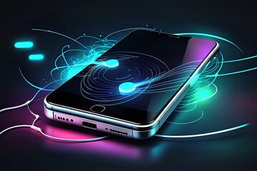 Abstract mobile technology. Wireless data network and connection technology concept. high-speed, futuristic neon lights background design illustration	
