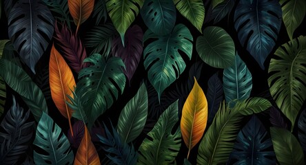 tropics art painted leaves on a dark background texture picture murals in the interior - Powered by Adobe
