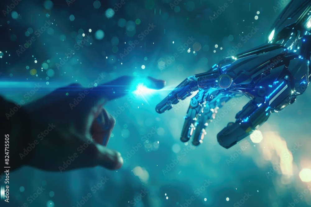 Poster a person interacts with a robot's hand, suitable for technology concepts