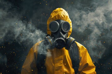 A man wearing a yellow jacket and gas mask, suitable for industrial or hazardous environment concepts