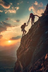 Two people climbing up a mountain at sunset, ideal for outdoor and adventure concepts