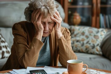 Depressed senior woman sitting on the couch at home about  her financial.