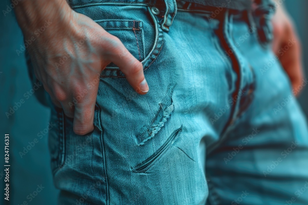 Poster close up of a hand in a jeans pocket, versatile image for various concepts