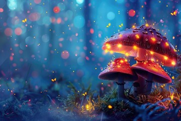 Mushroom Background. Glowing Mushroom Lamps with Fireflies in Dark Forest Magic