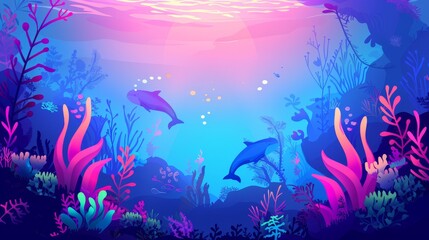 Animated underwater coral reef with sea life silhouettes and seaweeds, cartoon sea bottom background. Modern underwater plants, aquarium with seafloor, marine wildlife scenery on depth.