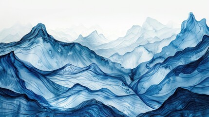 Mountain Art. Abstract Hand-painted Lines in Blue Earth Map Illustration