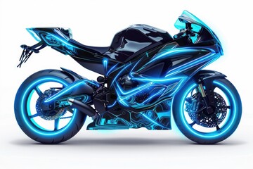 A blue motorcycle with neon lights on a white background. Suitable for automotive and transportation concepts
