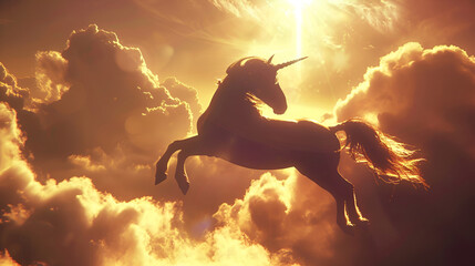 Naklejka premium Unicorn in the sky with magic sunlight 