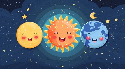 An illustration of a solar eclipse diagram depicting the Sun, Earth, and Moon with smiling faces. Astronomy for children.