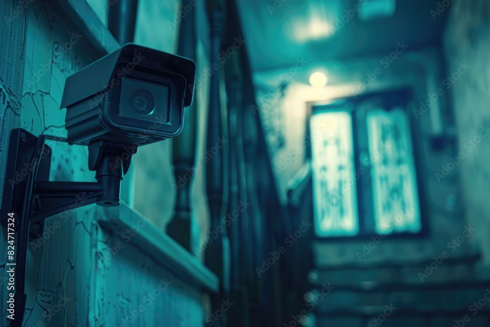 Poster security camera mounted on building, ideal for surveillance concepts
