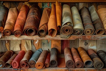 Image of various types of leather displayed on a shelf. Ideal for showcasing leather products in a store or workshop
