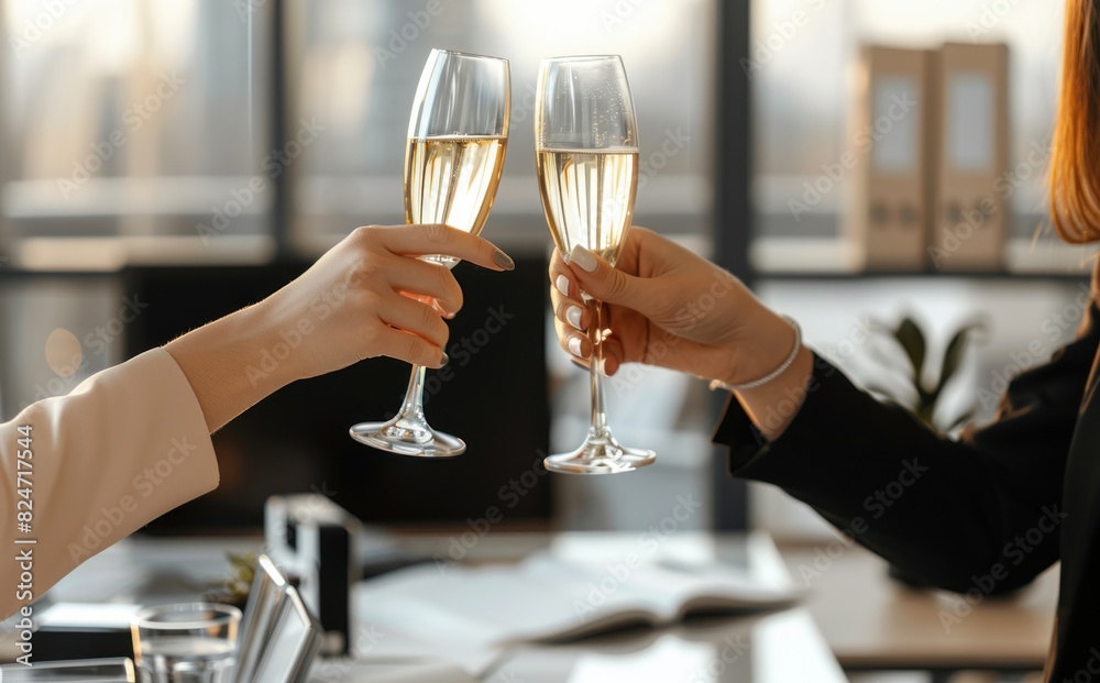 Wall mural close up of two business women clinking champagne glasses in an office