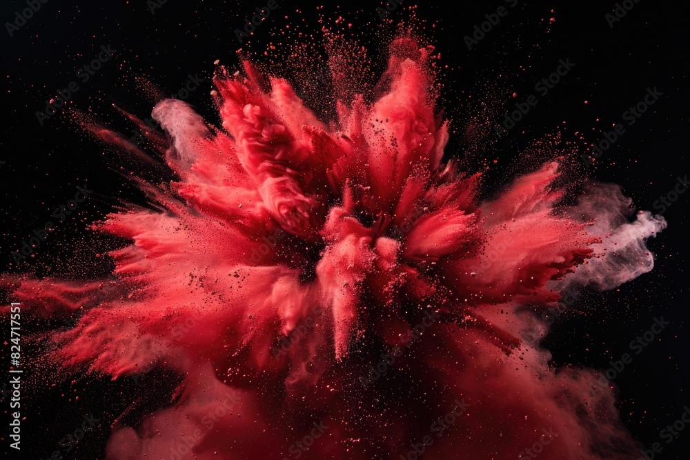 Poster vibrant red powder exploding on a dark black background, perfect for dynamic and energetic designs