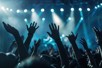 Crowd cheering and clapping at concert or live show, stage light background with copy space for...