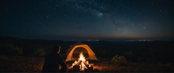 Man looking up at the stars next to campfire and tent