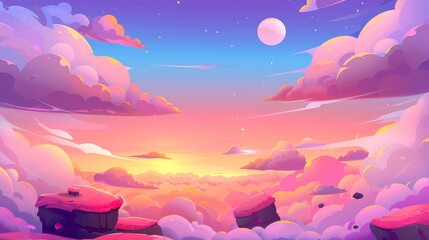 An illustration of drifting pink cartoon clouds in a sunset.