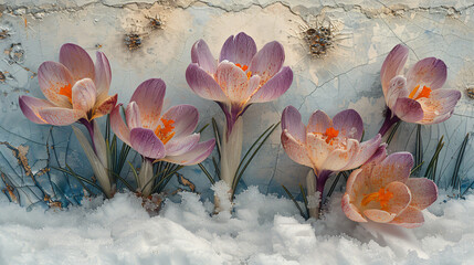 Crocus flowers blooming through the melting snow