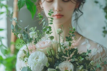 Close up of a woman holding a bouquet wearing a white wedding dress.
