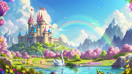 Princess castle in fairytale setting with rivers, flowers, meadows, mountains, and rainbow. Swans and lakes with lilies or lotuses. A cartoon wonderland. A fantasy fantasy world.