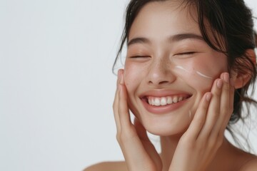 A beautiful woman smiling with her hands on the face on white background.