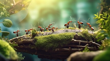Team of ants work constructing bridge, teamwork Generative AI