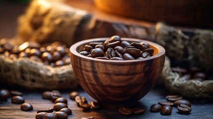 Coffee beans in a wooden bowl on a wooden table.